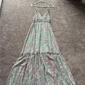 Mint & Pink Floral V-Neck Maxi Dress with Spaghetti Straps